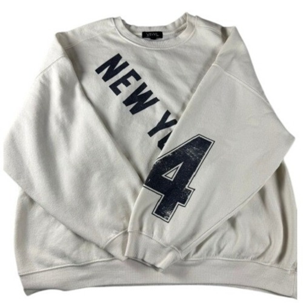 Vinyl Icons Sweatshirt Unisex Large New York 24 Graphic Cream Crewneck Pullover